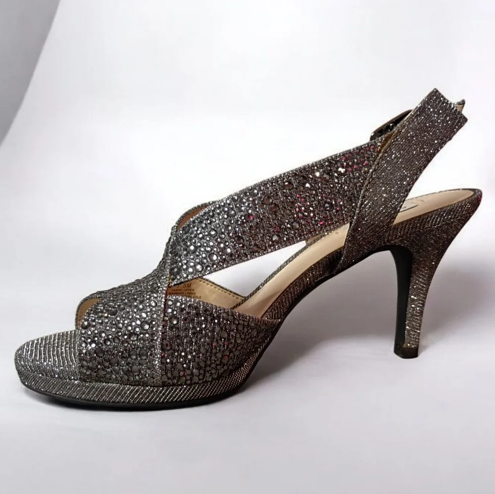 Alex Marie Silver Rhinestone Heels – Luxe Glam Elegant Slingback Open Toe 7.5 - Picture 7 of 10